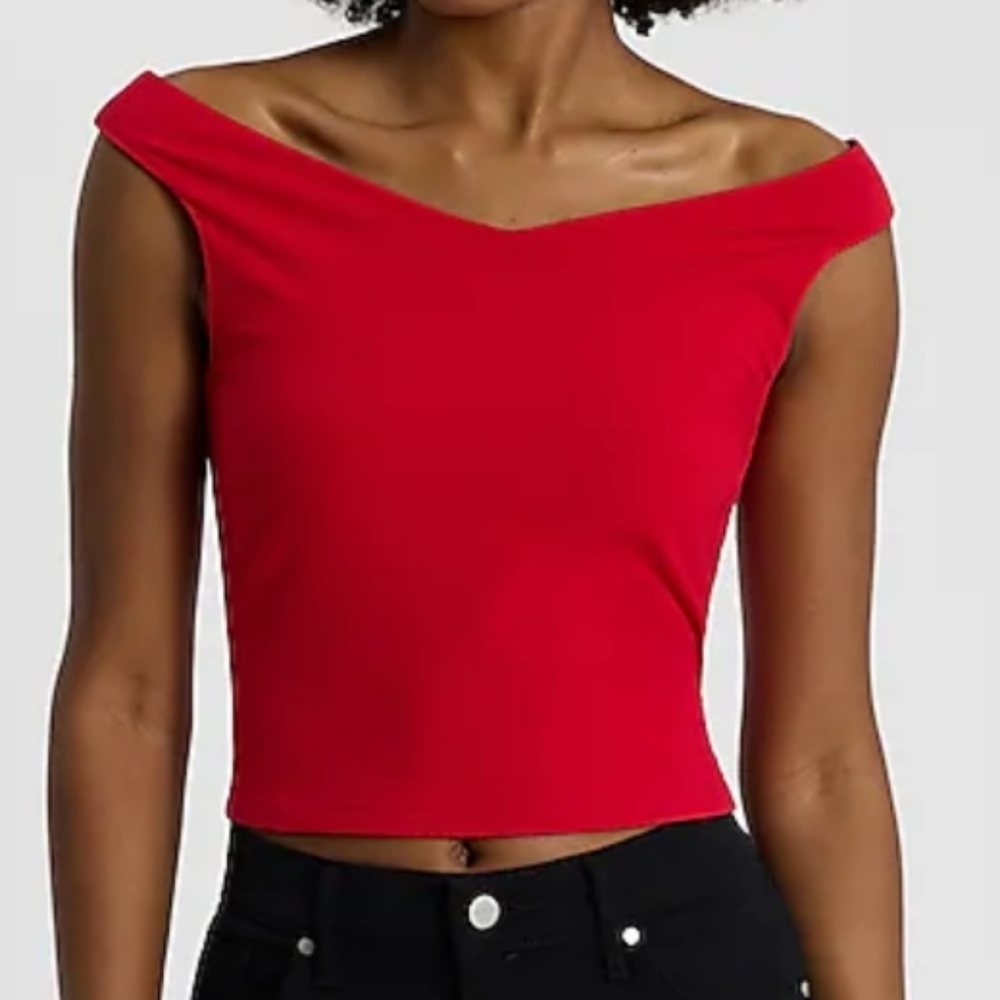 Freebie! Express Vibrant Red Off-Shoulder Crop Top